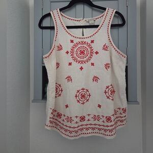 Lucky Brand Red and Beige Embroidered Tank Top Boho Western Hippie Cotton Size L
